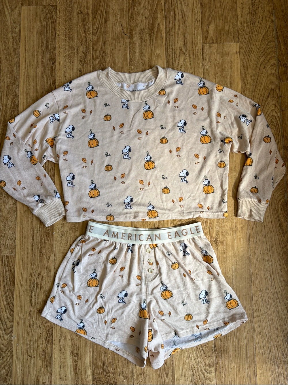 American Eagle Outfitters Beige Pumpkin & Snoopy Pajama Set with Orange Accents